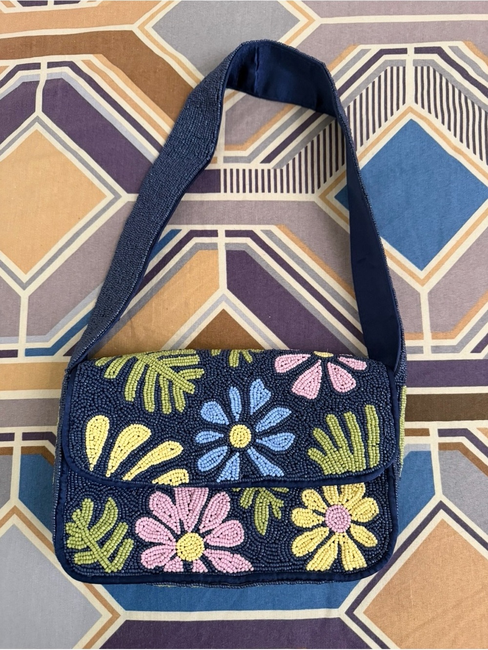 Navy Floral Beaded Shoulder Bag